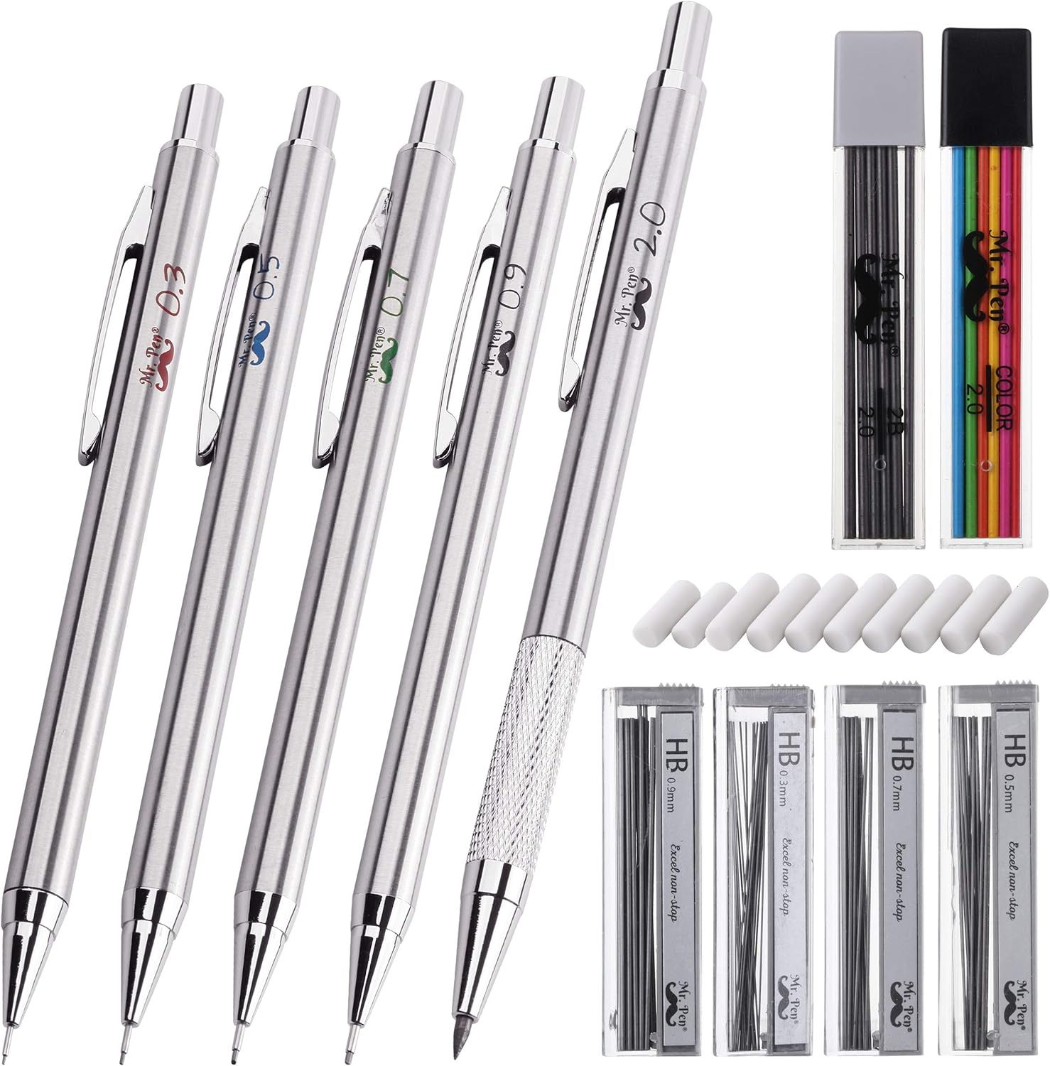 Mr. Pen- Metal Mechanical Pencil Set with Lead and Eraser Refills, 5 Sizes, 0.3, 0.5, 0.7, 0.9, 2mm, Drafting, Sketching, Architecture, Drawing Mechanical Pencils, Metal Mechanical Pencils : Office Products