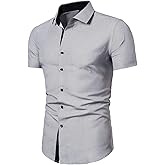 LOCALMODE Men's Regular Fit Cotton Business Casual Shirt Solid Short Sleeve Button Down Dress Shirts