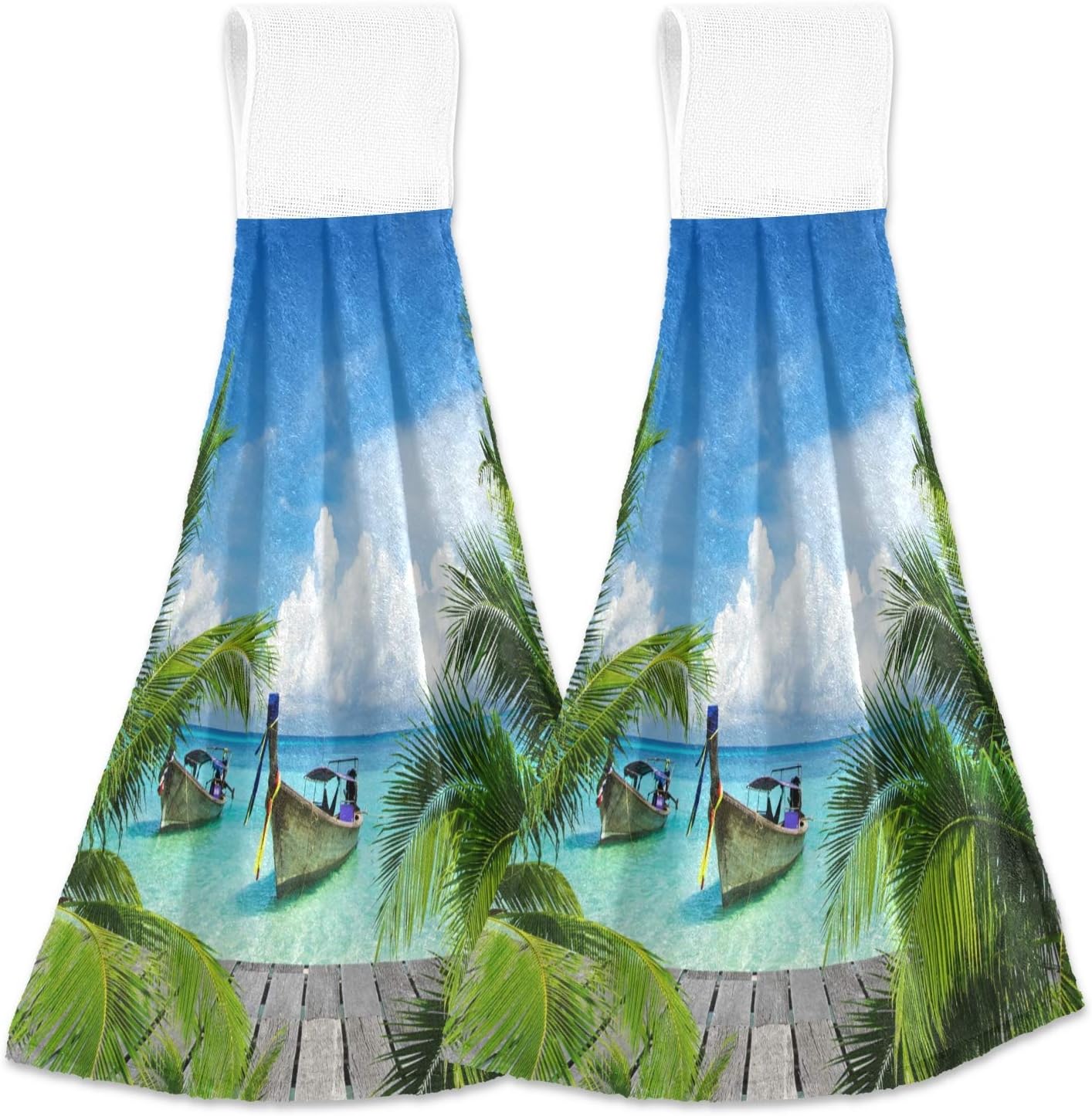 Alaza Tropical Beach Sea Boat Sunny Nature Seashore Kitchen Towels Tea Towels Dish Towels with Hanging Loop 2 Pack