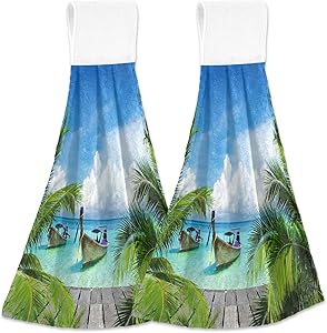 Alaza Tropical Beach Sea Boat Sunny Nature Seashore Kitchen Towels Tea Towels Dish Towels with Hanging Loop 2 Pack