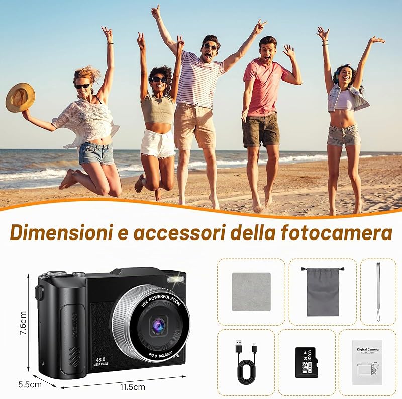 4K Macchina Fotografica 48MP Autofocus Fotocamera Digitale Compatta 2.8'' Schermo Flip 180° con Zoom 16X Vlogging Camera con 32G Scheda per Adolescenti Principianti Adulti (Nero) — foto 2 di 7
