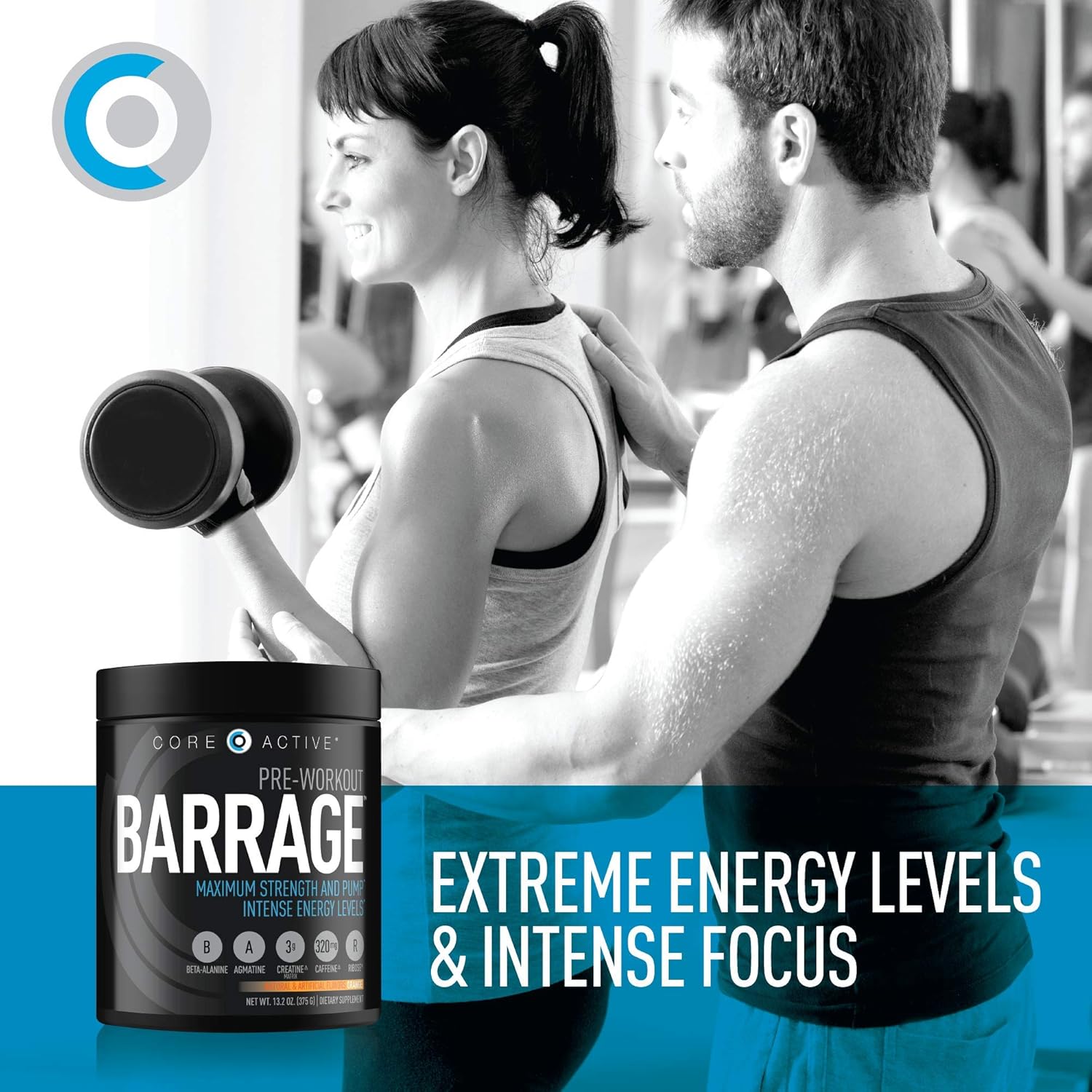 Core Active Barrage Pre Workout - Pre-Workout for Men and Women with Creatine, Beta-Alanine, Agmatine Sulfate, and Caffeine - Pump Up Your Workout with Intense Energy and Focus - Orange (30 Servings): Health & Personal Care