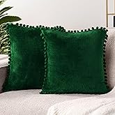PAVILIA Emerald Green Throw Pillow Covers with Pom Pom 18x18 Set of 2, Decorative Pillow Cases for Bedroom Aesthetic, Small Throw Pillows Set for Bed, Velvet Euro Plush Cushion Covers for Sofa Couch