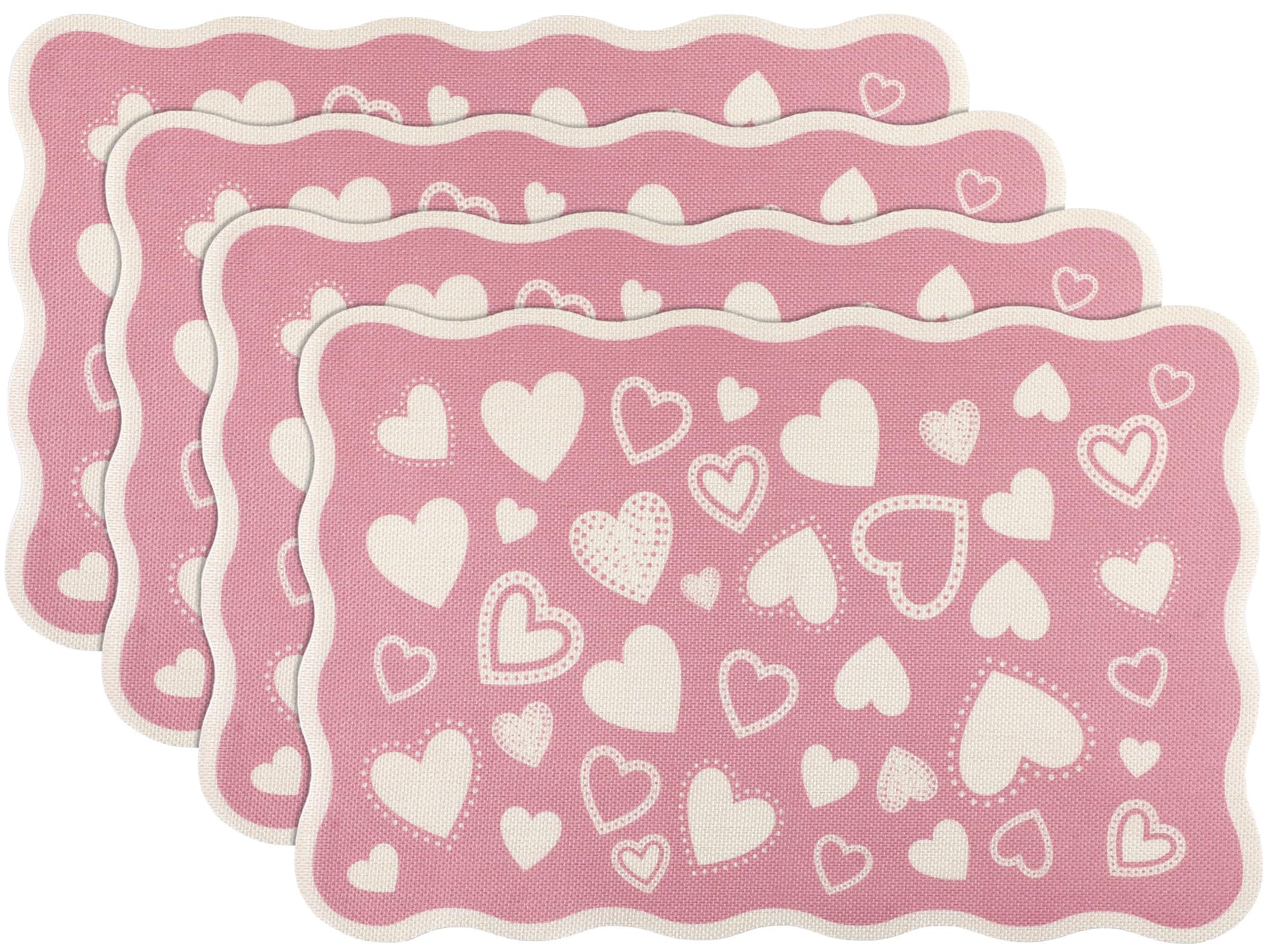 Photo 1 of FoldTier 4 Pcs Valentine's Day Pink Hearts Placemats, 12 x 18 Inch Scalloped Placemats Anniversary Holiday Table Mats for Kitchen Dining Wedding Anniversary Valentine Decorations Party Decor