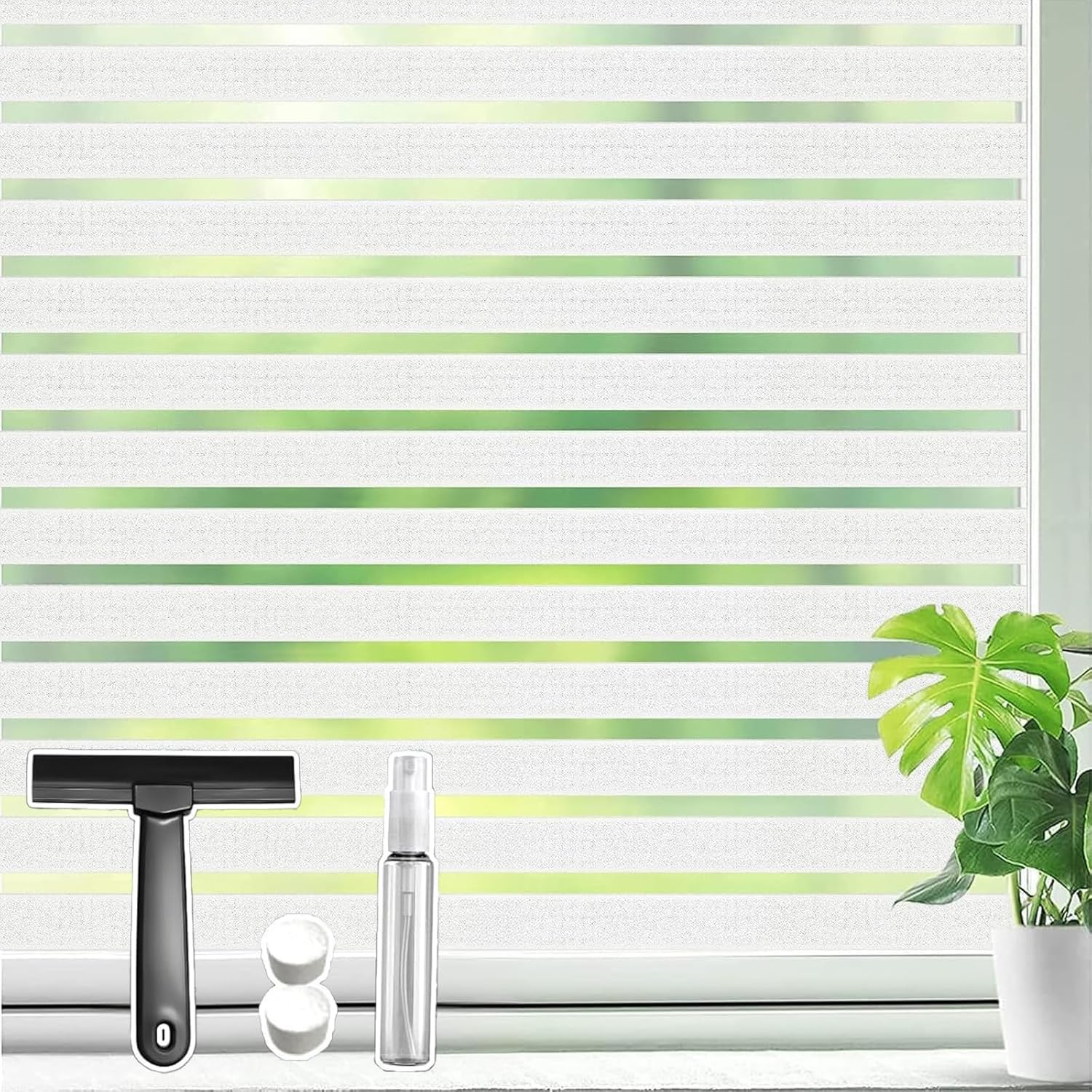 Qualsen Window Film Privacy, Frosted Window Films Stripe Privacy Film for Glass Windows, Non Adhesive Static Cling Windows Cover for Office, Home, Kitchen (60 x 300 cm, Medium Stripe)