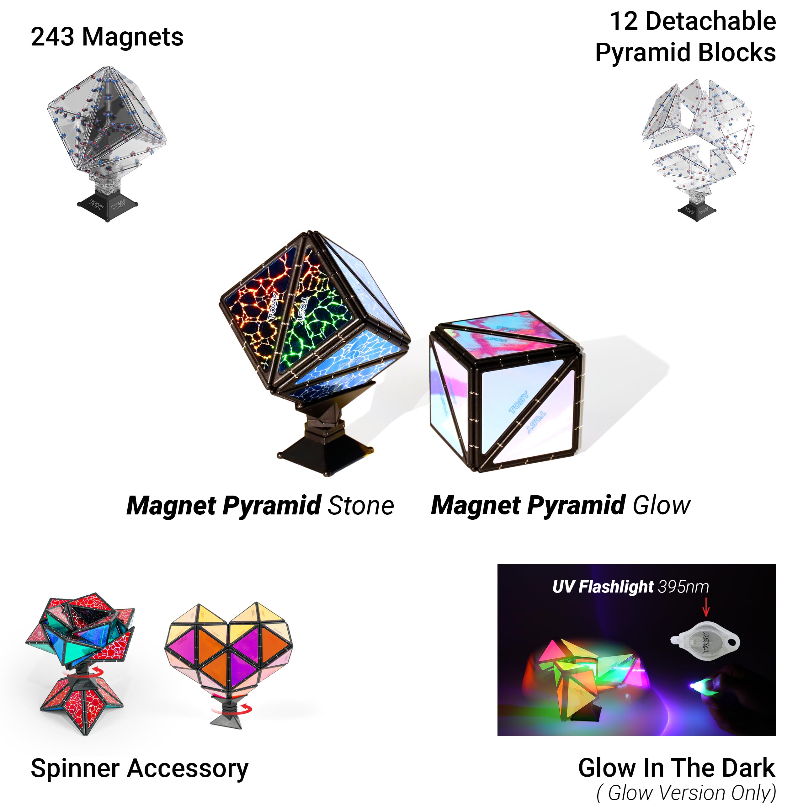 TOSY Magnet Pyramid Stone - 1 Cube Transforms into 1 Billion Shapes, 14 pcs (12 Puzzle pcs and 2 Spinners), 243 Rare Earth Magnets, Christmas Stocking Stuffers Gift for Kids, Creative Puzzle STEM Toy