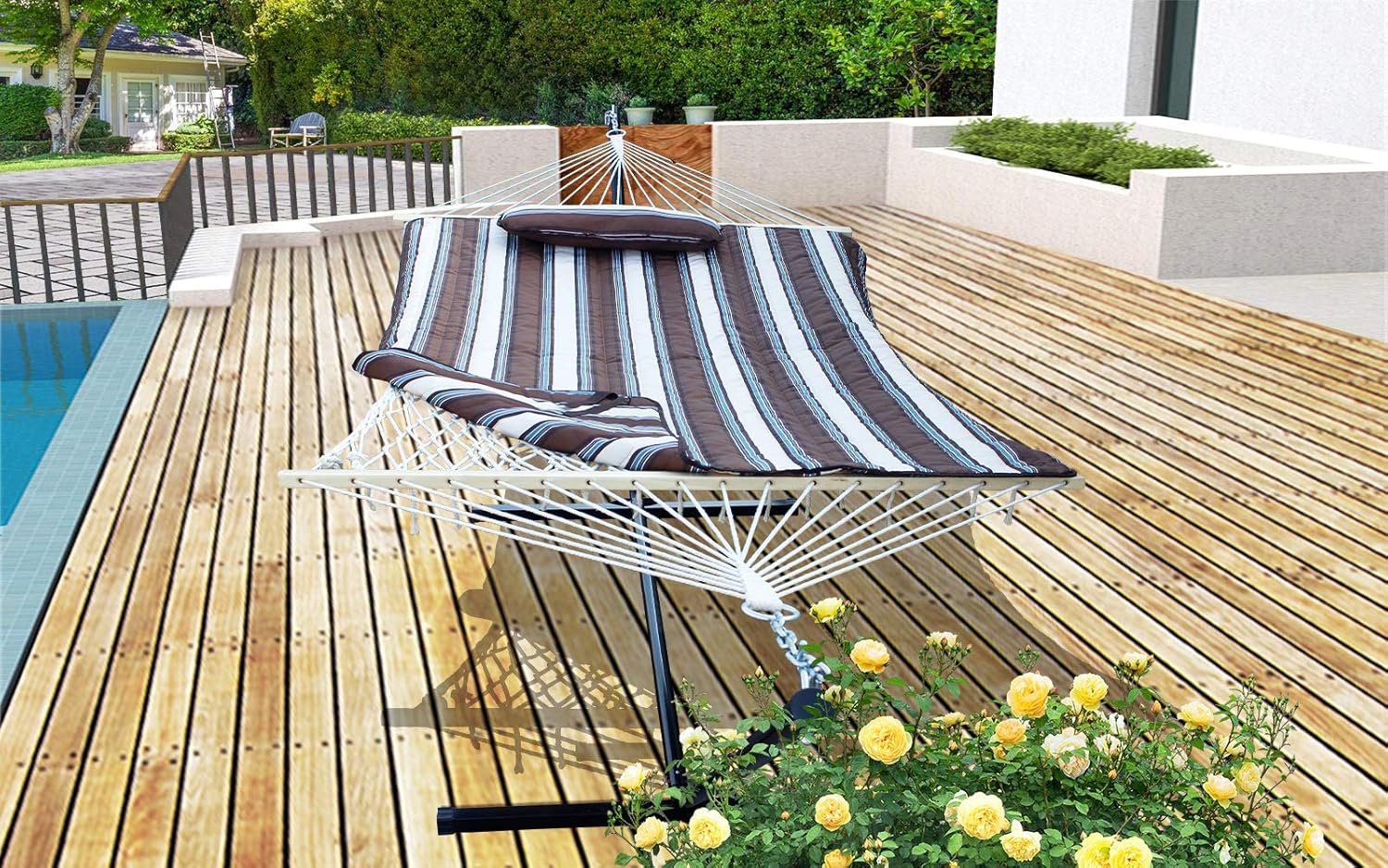 SUNLAX Cotton Rope Freestanding Hammock with 12FT Stand and Spreader Bar, Pad, Detachable Pillow, Indoor or Outdoor Use, Coffee Stripe : Garden & Outdoor
