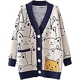 Arssm Cat Sweater for Women Oversized Button Down V Neck Knit Cardigan Cute Kawaii Cartoon Print Sweater Fall Clothes