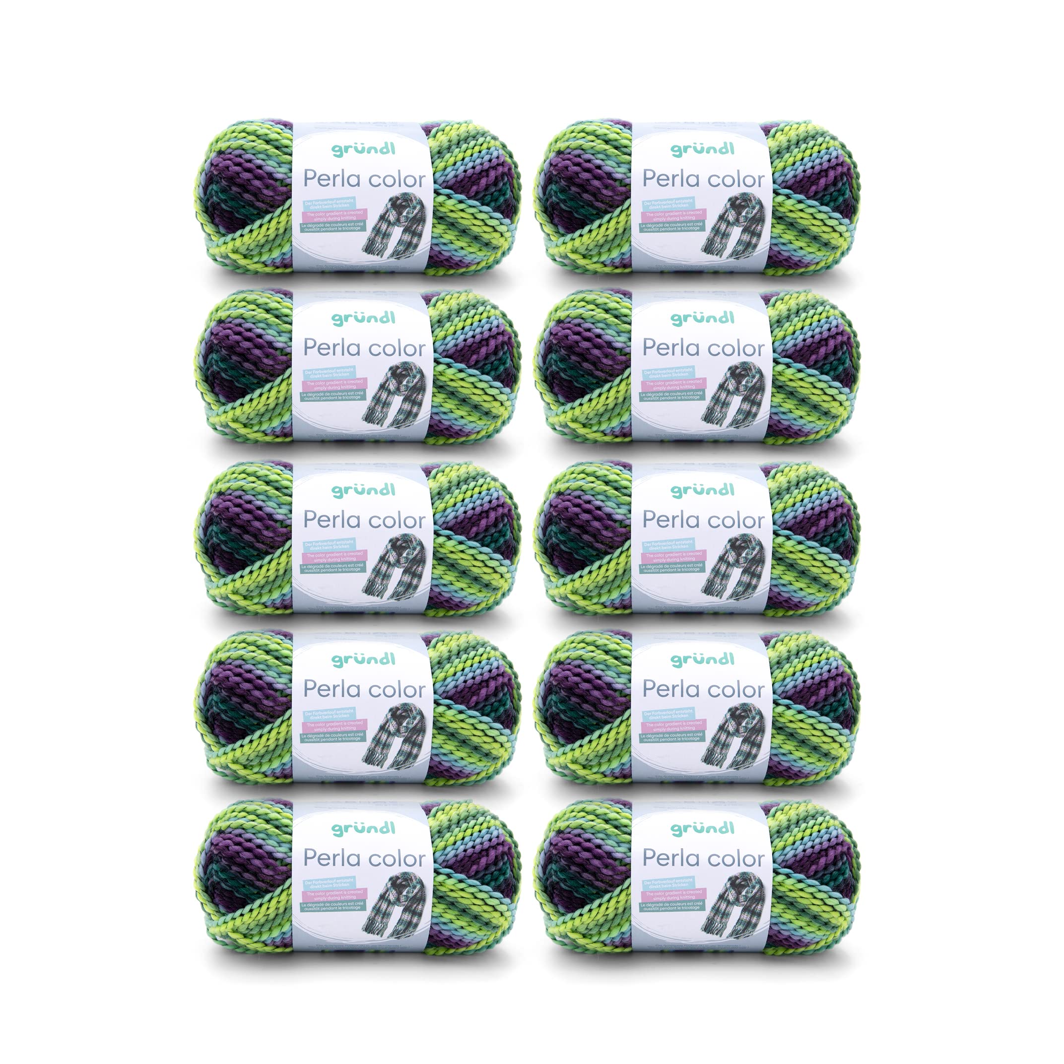 Gründl Perla Color Wool (Wool-Like Hand Knitting Yarn Made of 100% Polyester, 100 g / 90 m, Needle Size: 8-9, 10 x 100 g), May Green/Blue/Purple/Green