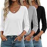 Huukeay 3 Pack Women's 3/4 Sleeve T-Shirts, V Neck Casual Tops Loose Fit Tunic Basic Tees 3/4 Length Sleeve Soft Blouses
