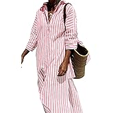 Hooever Shirt Dresses for Women Casual Long Sleeve Button Down Loose Striped Cotton Maxi Shirt Dress