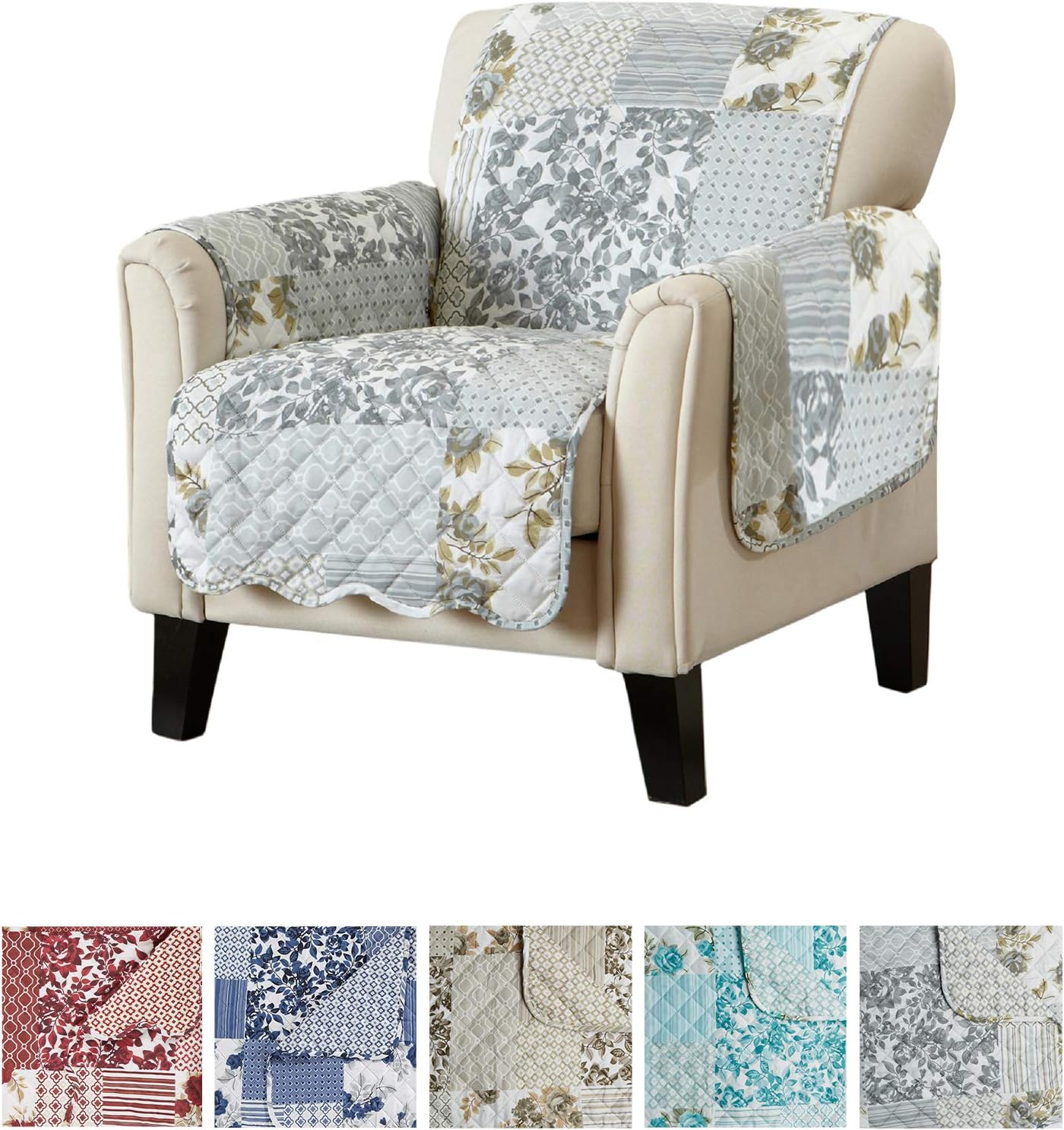 Patchwork Scalloped Printed Furniture Protector. Stain Resistant Chair Cover. (24" Chair, Grey)