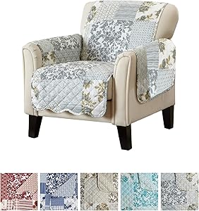 Patchwork Scalloped Printed Furniture Protector. Stain Resistant Chair Cover. (24" Chair, Grey)