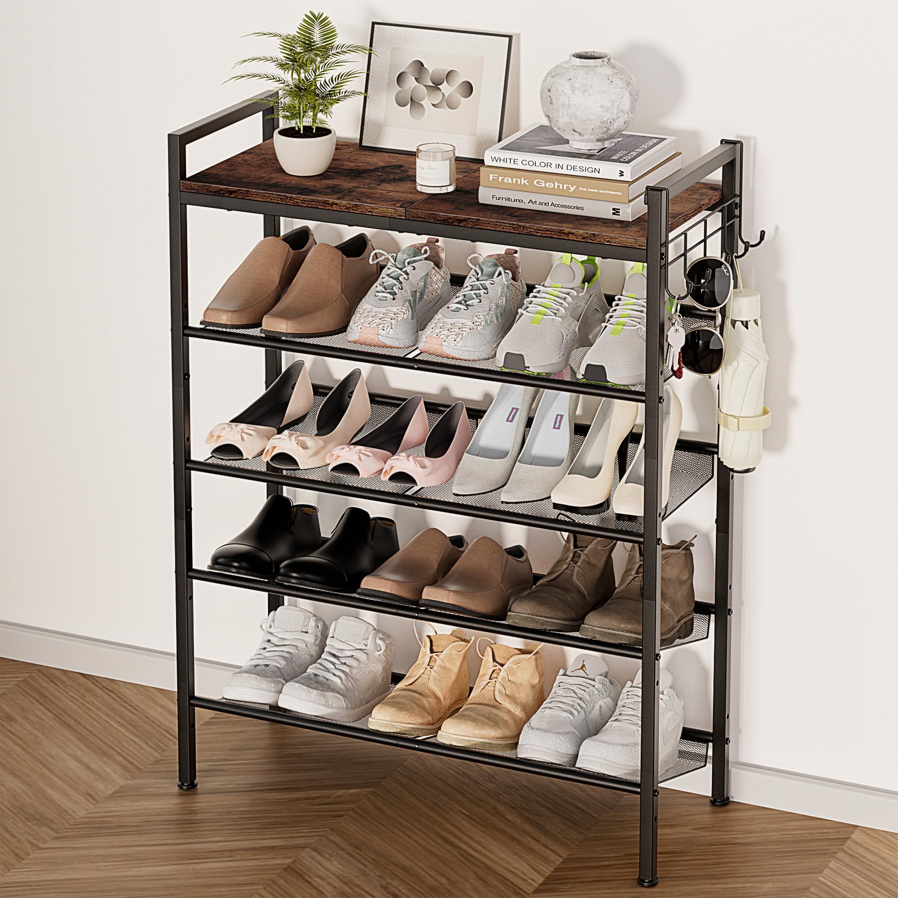 Photo 1 of 5 Tier Shoe Rack, Shoe Rack for Front Door Entrance with Hook, Shoe Organizer with Adjustable Mesh Shelves, Metal Shoes Rack for Entryway, Closet, Bedroom Living Room Garage