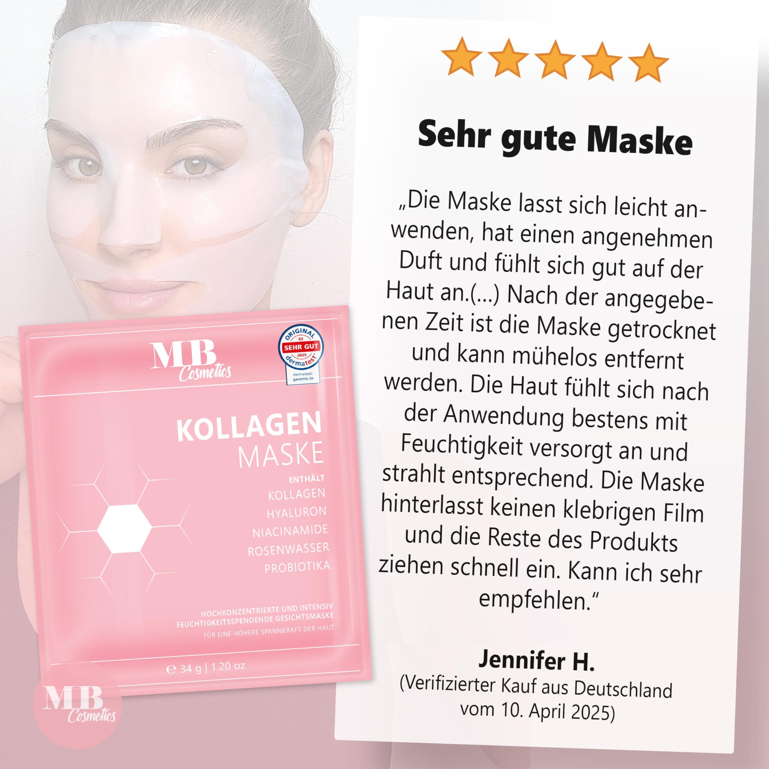 Kollagen Maske mit Hyaluron, Niacinamiden und Probiotika-Komplex für eine straffere Haut. Hydrogel Gesichtsmaske zur Faltenreduktion und Feuchtigkeitspflege. Ultra-hochkonzentriert mit 52.000 ppm. 4