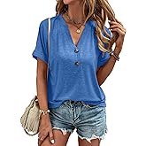 Balivsa Womens Summer Shirts Short Sleeve Button Down V Neck Business Casual Tunic Tops Ladies Blouses Basic Tees