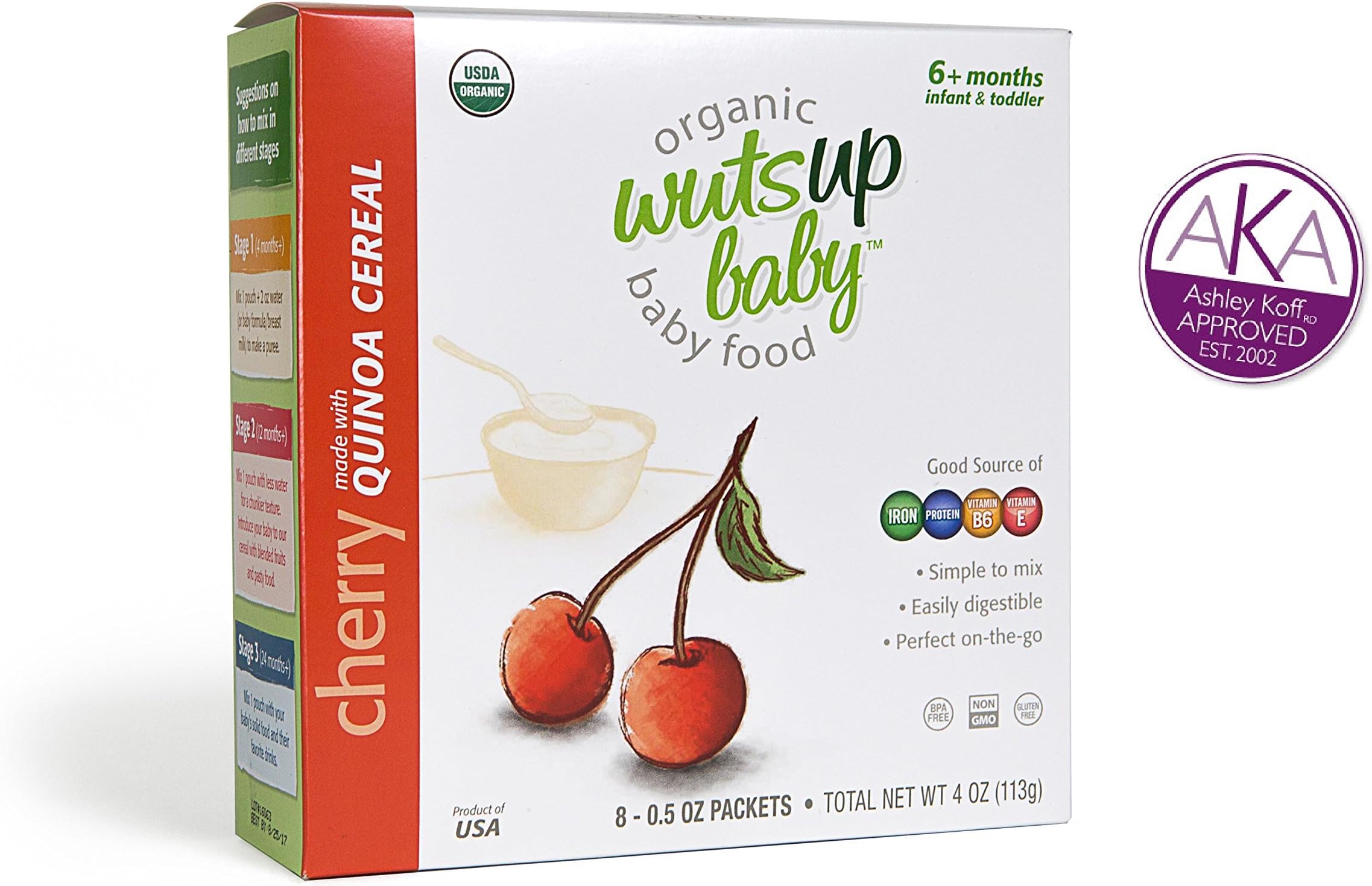 Organic Cereal - WutsupBaby Quinoa Cereal Pouches, Cherry (8 Count) - USDA Certified Organic - Healthy Rice Alternative - Vegan & Gluten-Free - Non-GMO