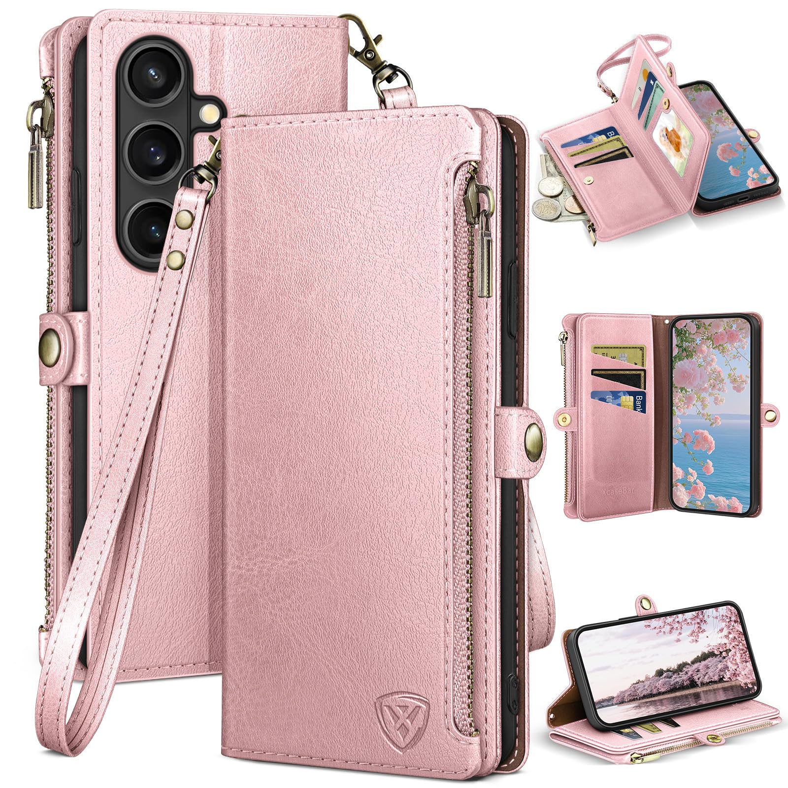 XcaseBar compatible with ‌Samsung Galaxy S26 Wallet case with Zipper Credit Card Holder【RFID Blocking】,Flip Folio Book PU Phone case Shockproof Cover Women Men for Samsung S26 case Rose Gold