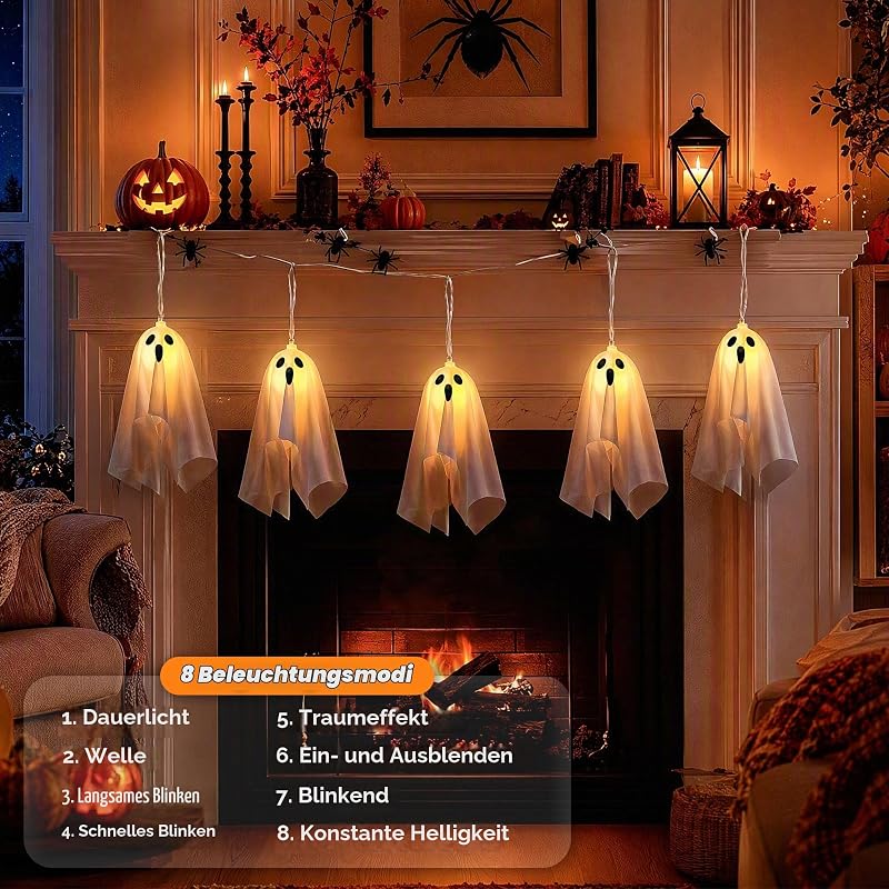Halloween Deko Outdoor, 2.75M LED Halloween Hängende Geisters mit Lichterketten Batteriebetriebe, Timer, Ghost Hallowen Dekoration 8 Modi, Geist Leuchtend für Innen Außen, Balkon, Party — Foto 3 von 8