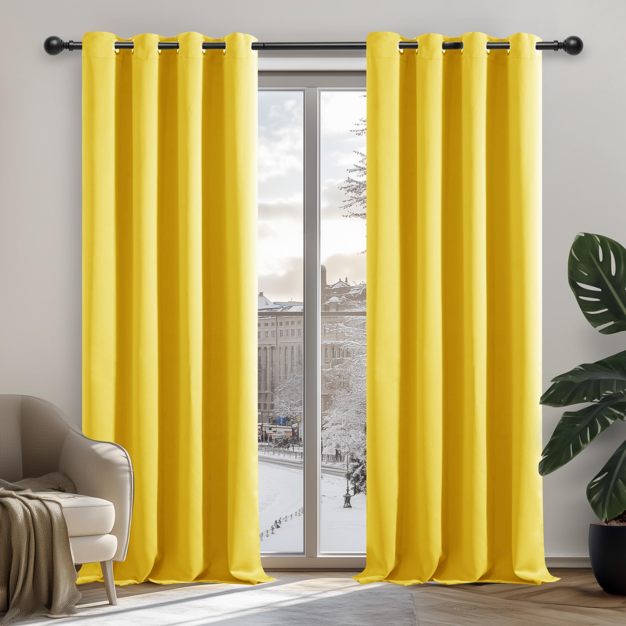 Deconovo Home Decorative Blackout Curtains Thermal Insulated Curtains Eyelet Curtains Energy Saving Curtains for Girls Bedroom Mellow Yellow W52 x L72 Inch Two Panels