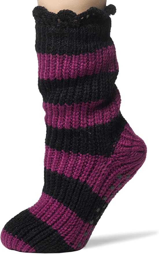 HUE Women's Shortie Mukluk Slipper Socks, Black/Purple, One Size Clothing