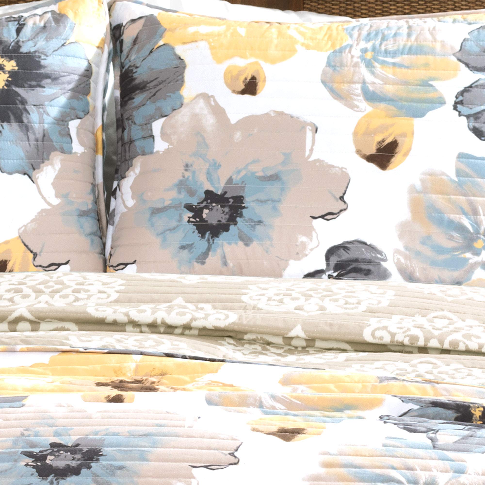 Lush Decor Leah Quilt Floral Yellow and Gray 3 Piece Reversible, King, Yellow & Gray