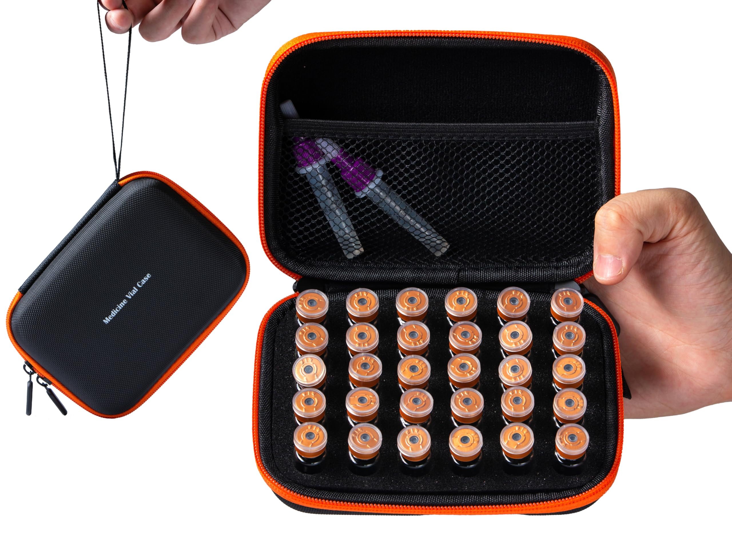 Photo 1 of Moyite 30 Slots, Peptide Vial Case for Fridge, Fits 1-3ml Vials for Peptide, Insulin and GLP-1 Storage, with Hand Strap and Logo, Black and Orange Zipper, Case Only, Pack of 1