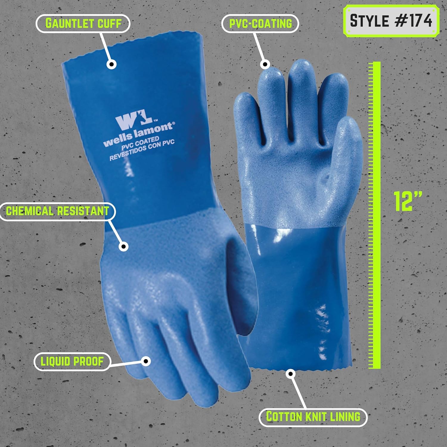 Heavy Duty PVC Coated Work Gloves, Liquid/Chemical Resistant, Cotton Lining, Large (Wells Lamont 174L) - Chemical Resistant Gloves - 