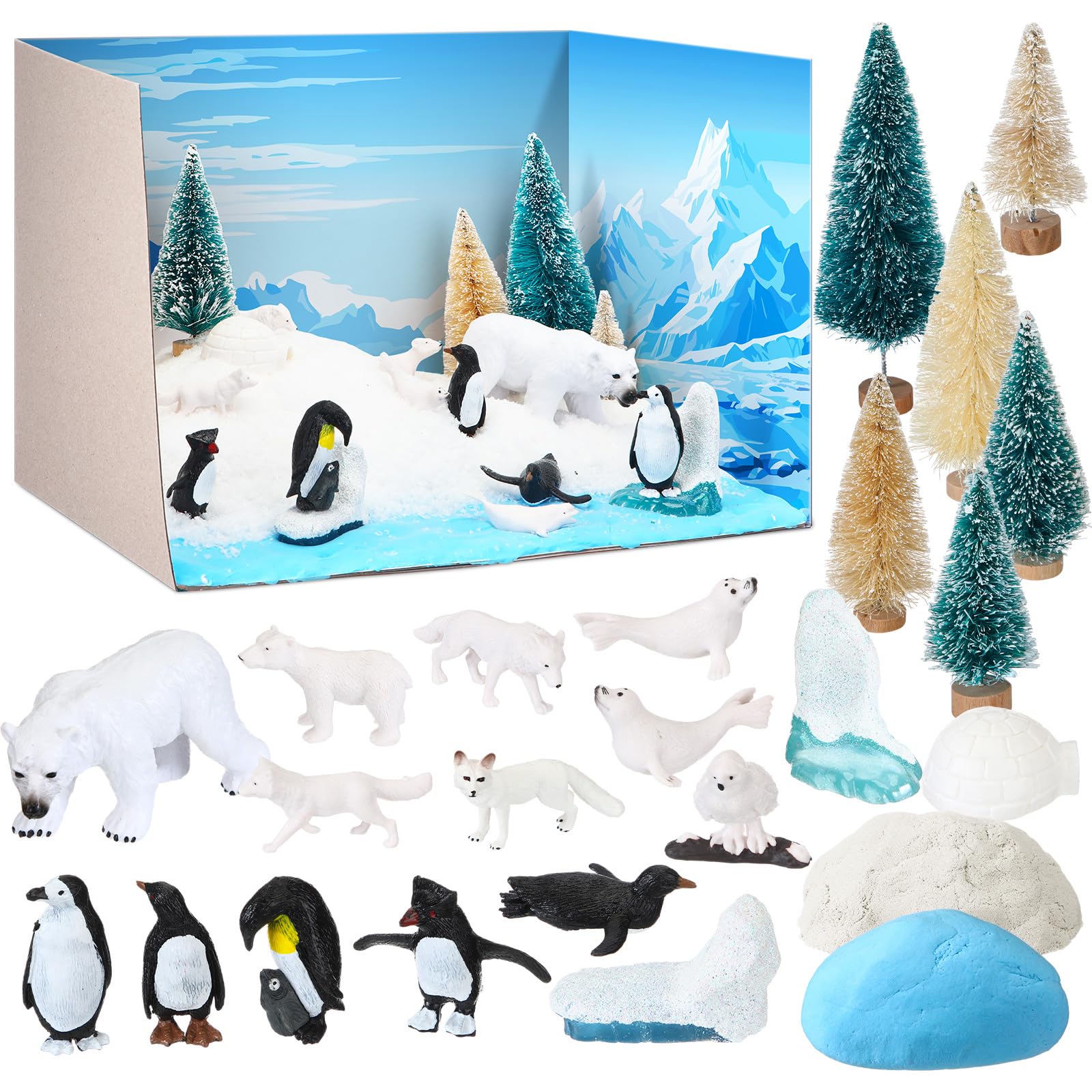 Photo 1 of Simgoing Polar Animals Diorama Supplies Arctic Animals Figures Project Artificial Pine Trees Mini Penguin Bear Fox with Gift Box for Birthday Gifts Decorations