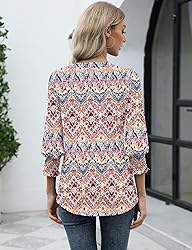 LOMON 3/4 Length Sleeve Floral Print Top with V