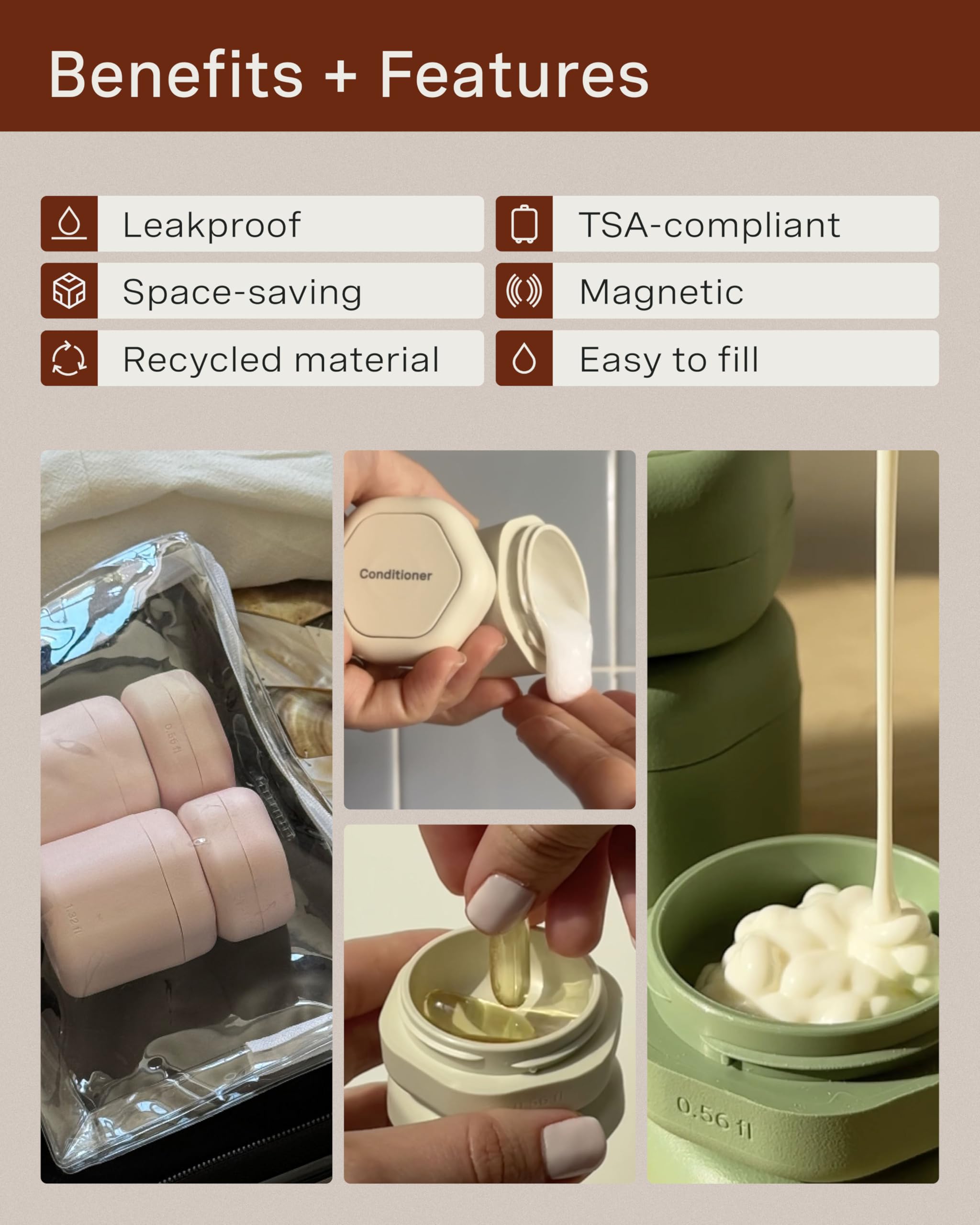 Cadence Travel Containers - Daily Routine Capsule Set - Magnetic Containers with Lids,4 Flex Mediums (1.32oz) & 3 Flex Smalls (0.56oz) - Shampoo, Conditioner, Body Wash, Pills, & More - Sand