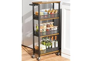 Giwil 4-Tier Slim Rolling Storage Cart for Kitchen Bathroom Organizer, Mobile Narrow Storage Cabinet Utility Cart with Wood Rack on Wheels for Pantry Laundry Small Space