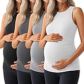 Ficerd 4 Pack Women's Maternity Tank Tops, Side Ruched Sleeveless Pregnancy Shirts Summer Comfy Round Neck Maternity Vest Tee