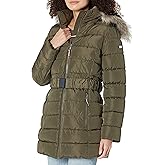 Tommy Hilfiger Women's Fur Long Puffer Hooded Belt Jacket