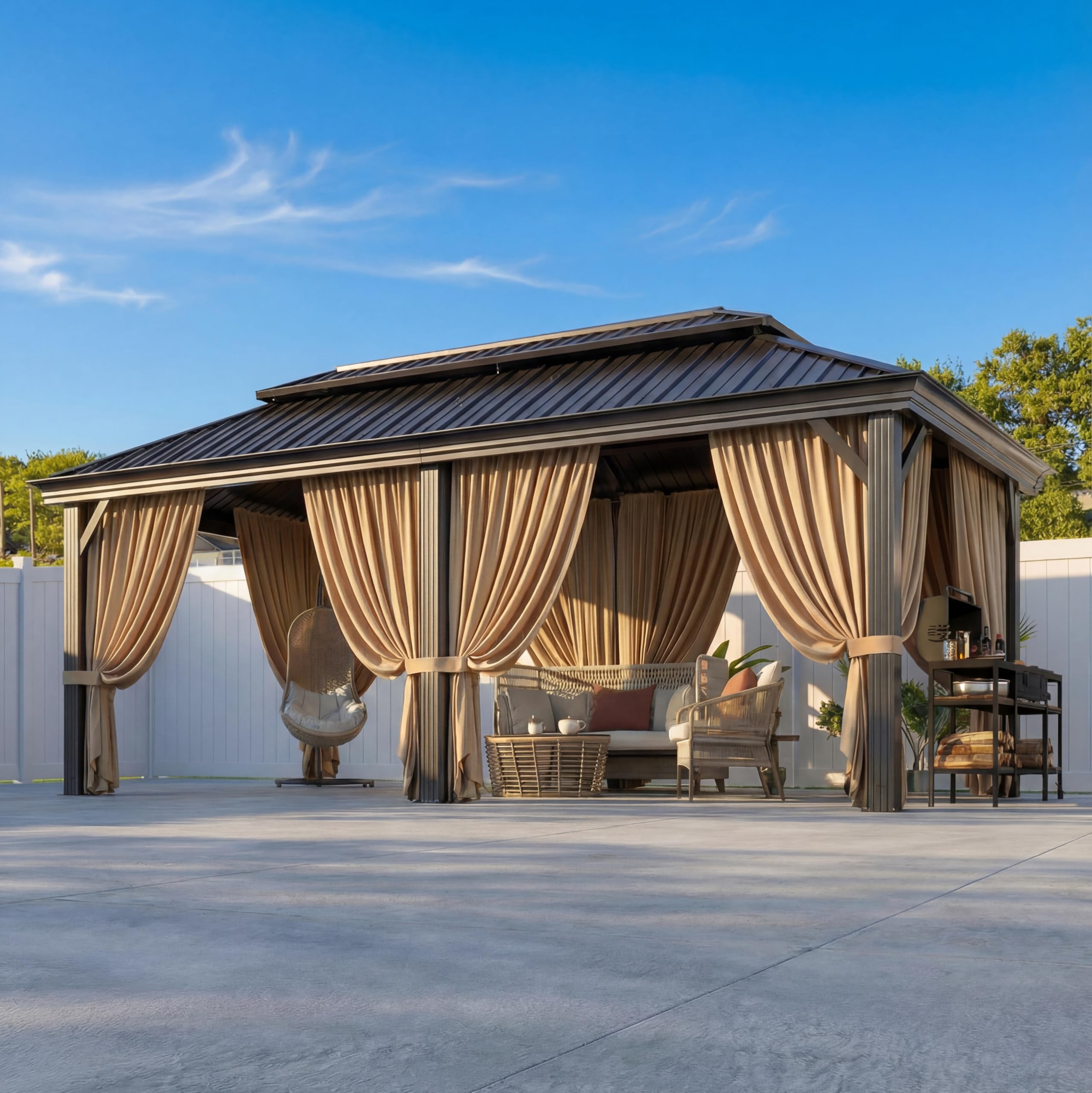 Photo 1 of ***MISSING BROWN ROOF ASSEMBLY PIECE/ SUPPORT POSTS ONLY *** HOTEEL 12x20 Gazebo on Clearance with Metal Roof & Drainage System, Heavy Duty Hardtop Gazebo with Flame-Retardant Curtain & Netting, Outdoor Gazebos with Galvanized Steel Double Roof for Patio,