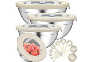 Humiwing Mixing Bowls with Lids Set, Stainless Steel Mixing Bowls, Metal Nesting Mixing Bowls, Stackable Measuring Spoons & Cups Set for Baking & Cooking - Beige