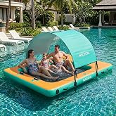Inflatable Floating Dock, 6x5FT Portable Inflatable Platform, fit 2-6 People, with Mesh Swim Area, Air Pump, Repair Kit Carry Bag, for Swimming, Lake, Pool, Beach