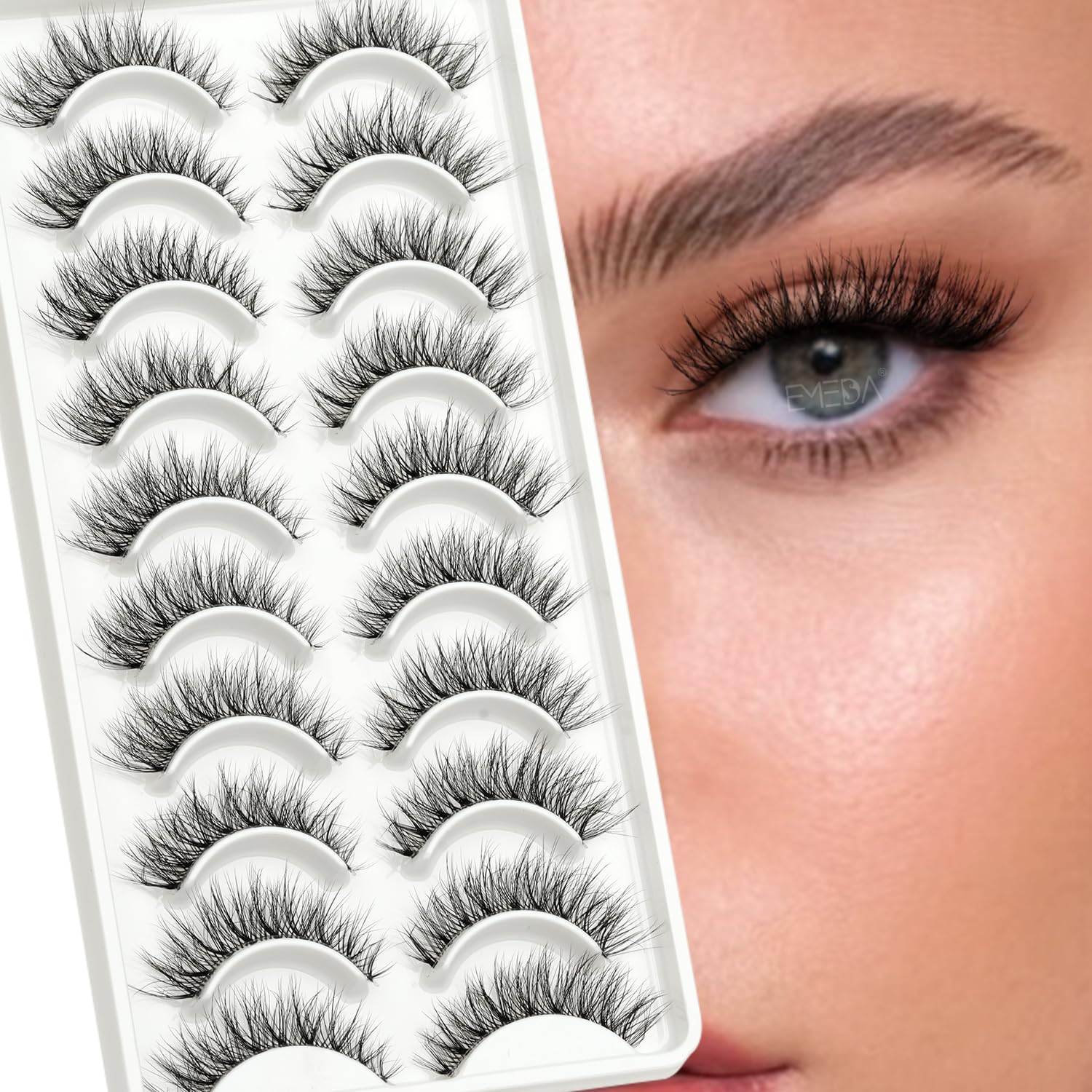 EMEDA Natural False Eyelashes 10 Pairs Clear Band Natural Lashes Soft Wispy Fake Lashes Cat Eye Lashes Multipack Transparent Strip Eyelashes Handmade Eye Lashes (Esabel 02)
