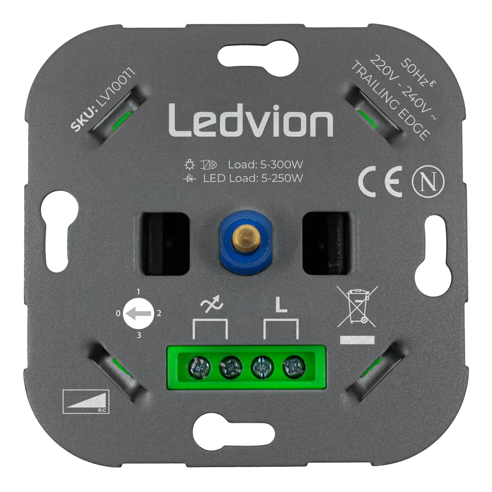 Ledvion Multicontrol LED Dimmer,>2 Dimmers, 1 Light Point,Phase Control Universal,Rotary Dimmer Flush-Mounted Dimmer Switch for Dimmable LEDs,LED 5-250 Watt and Halogen 5-300 W,Dimming from 0 to 100%
