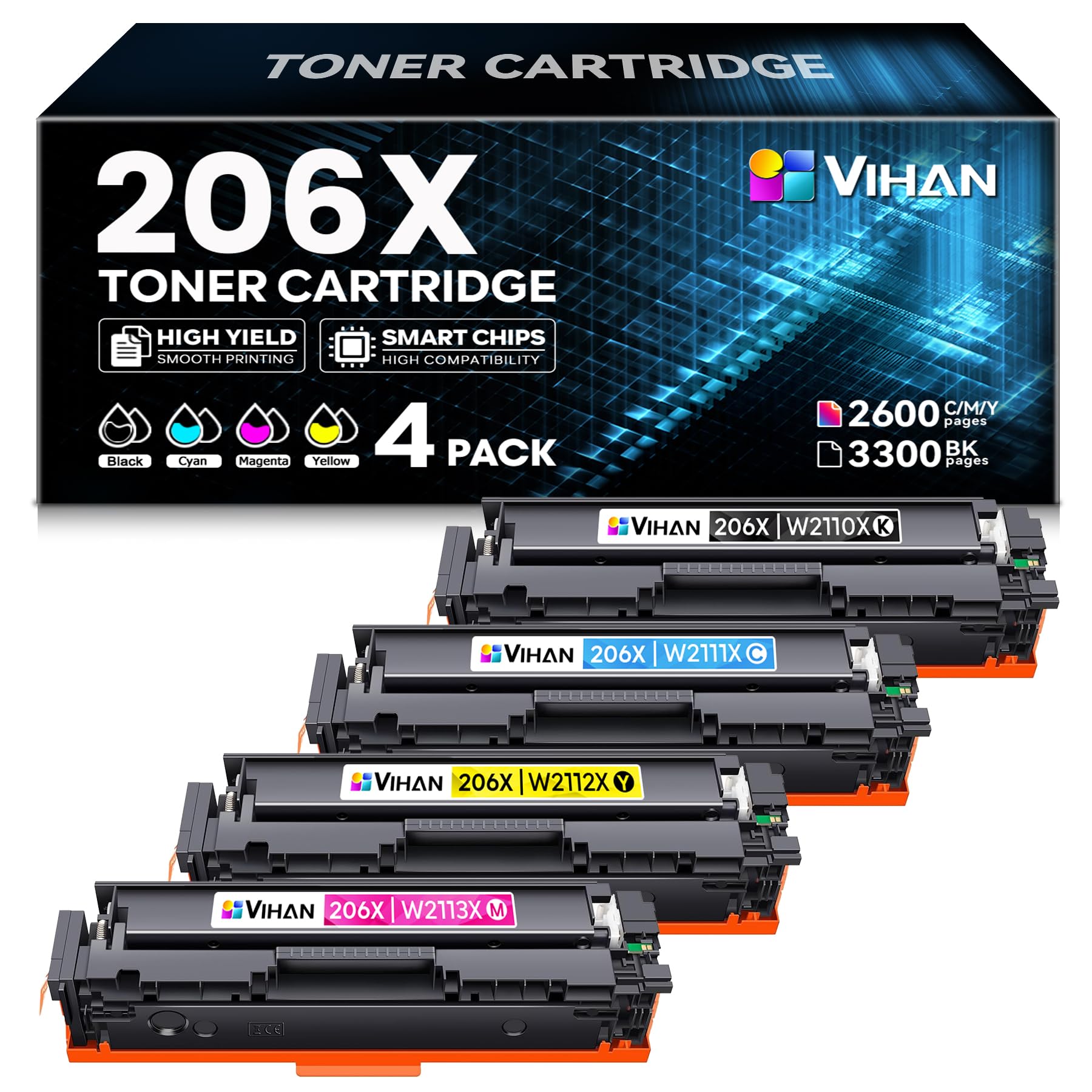 Photo 1 of 206X Toner Cartridges High Yield 4 Pack with Chip Replacement for HP 206X Toner Cartridges Set Compatible with Color Pro MFP M283fdw M283cdw Pro M255dw M255 Printer (Black Cyan Yellow Magenta)