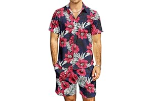 JOGAL Men's Flower Casual Button Down Short Sleeve Hawaiian Shirt Suits