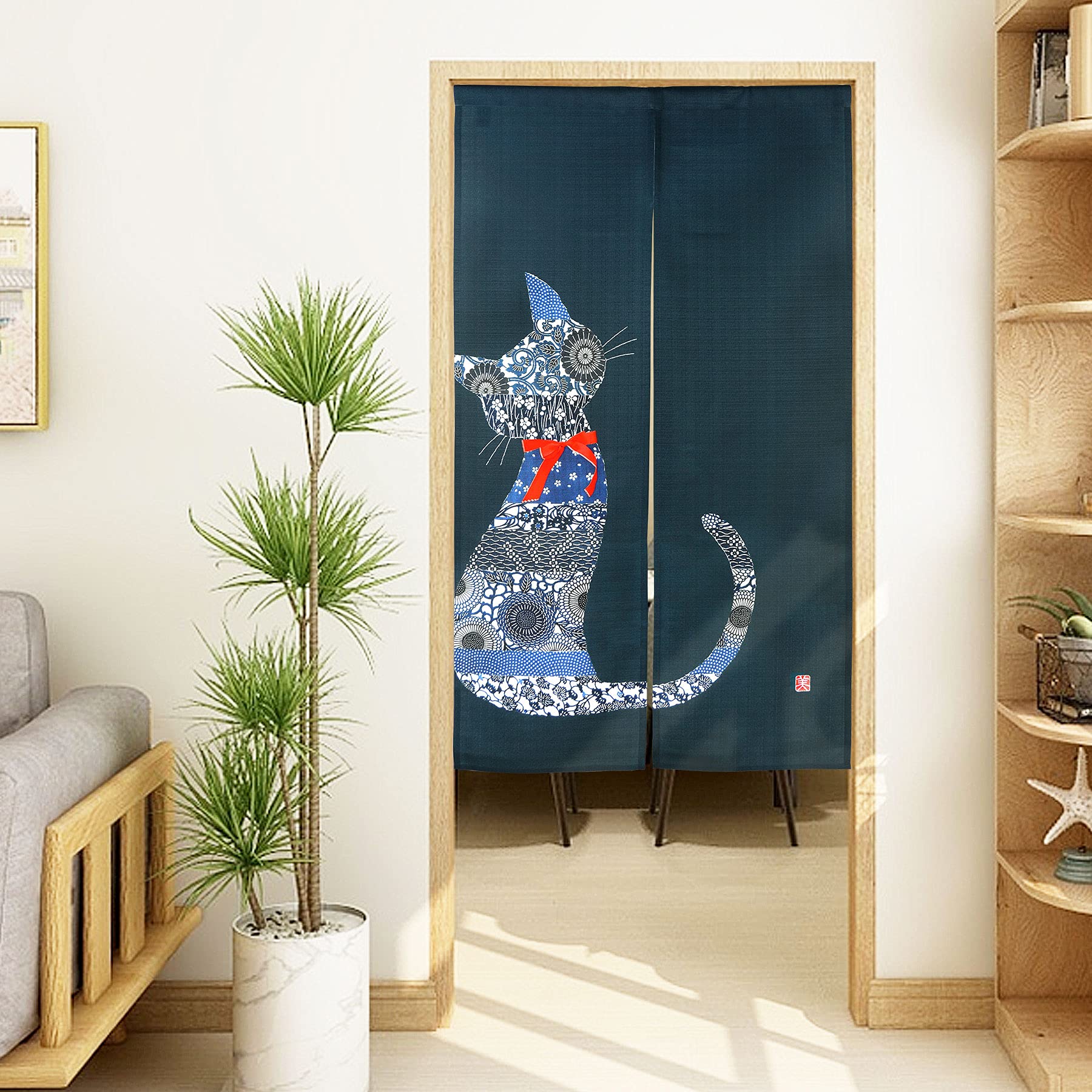 LIGICKY Noren Japanese Style Doorway Curtain Cat with Traditional Chinese Floral Printed Door Tapestry Boho Décor Room Divider Curtains, 33.5 Width x 59 Long Inch, Navy Blue