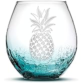 Integrity Bottles Tropical Pineapple Design Stemless Wine Glass, Handmade, Handblown, Hand Etched Gifts, Sand Carved, 18oz (Crackle Teal)