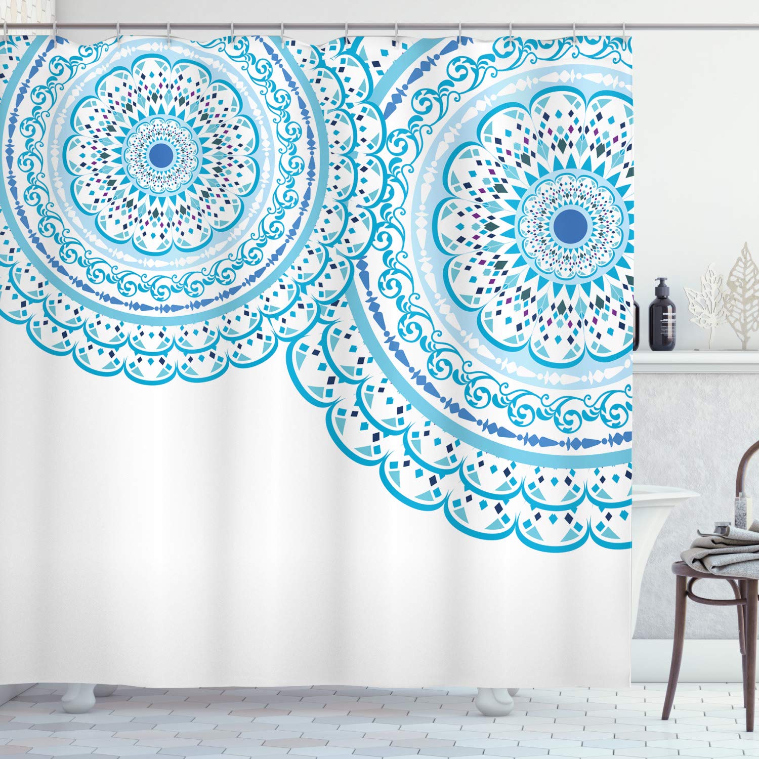 ABAKUHAUS Mandala Shower Curtain, Wedding Invitation Card Theme Lace Mandala and Place for Text Art Print, Cloth Fabric Bathroom Decor Set with Hooks, 94 Inches, Sky Blue Pale Blue