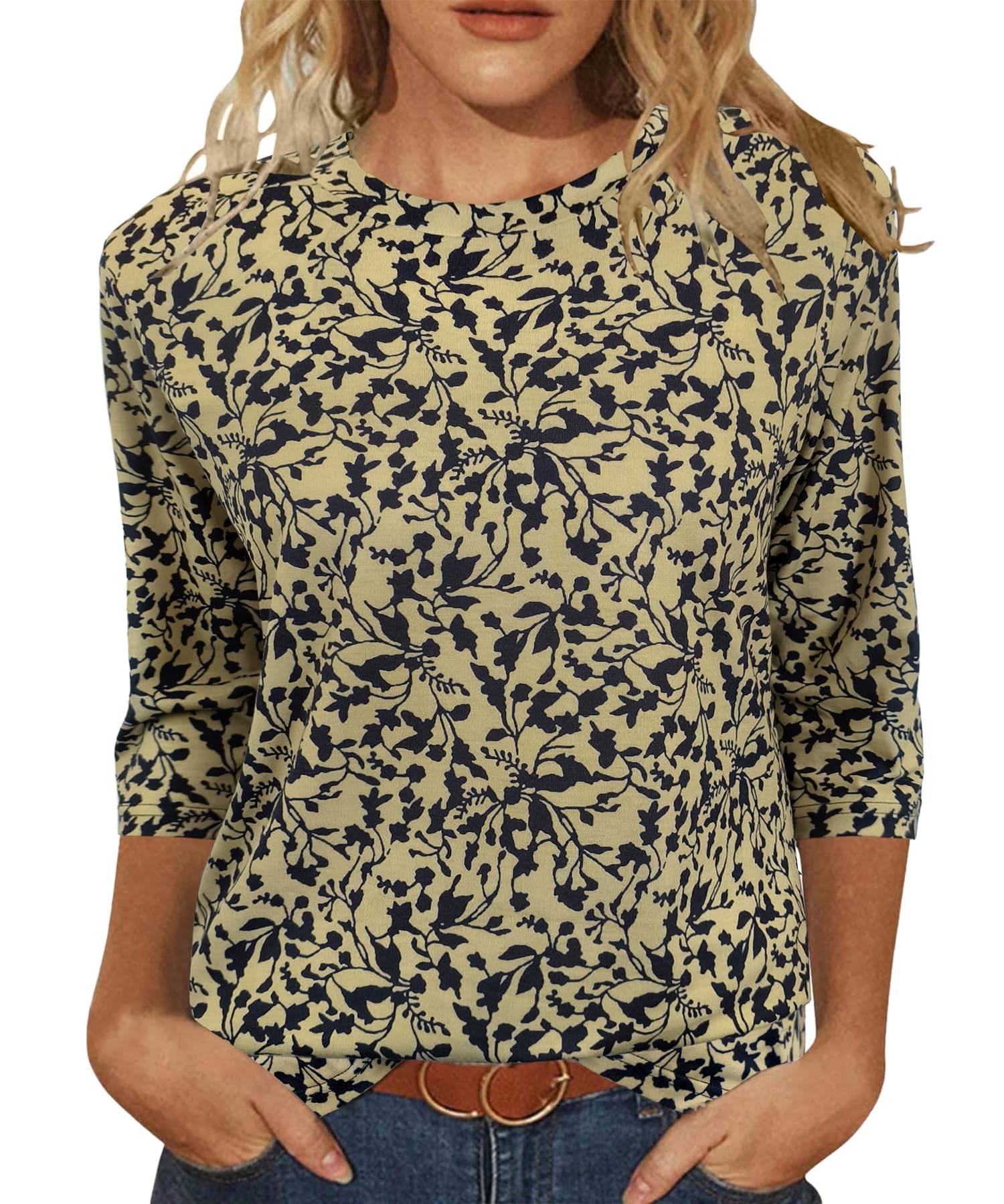 Photo 1 of JomeDesign Womens Tops Dressy Casual 3/4 Sleeve T-Shirts Loose Fit Floral Print Tunic Blouses Apricot Black