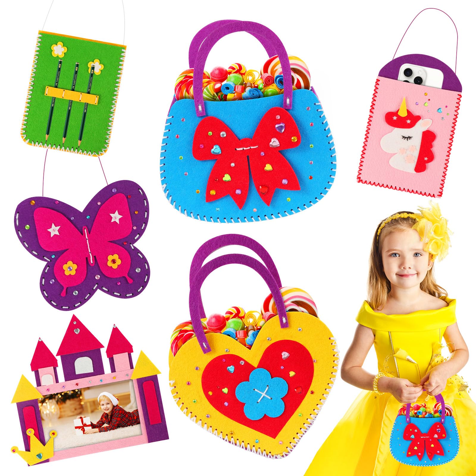 Vicloon 6 Piece Sewing Set Children, Felt Animals Sewing Set, Craft Set for Children from 6 Years and Beginners, Sewing Felt Set with Embroidery Thread, Plastic Needles, Filling Cotton (Handbag)