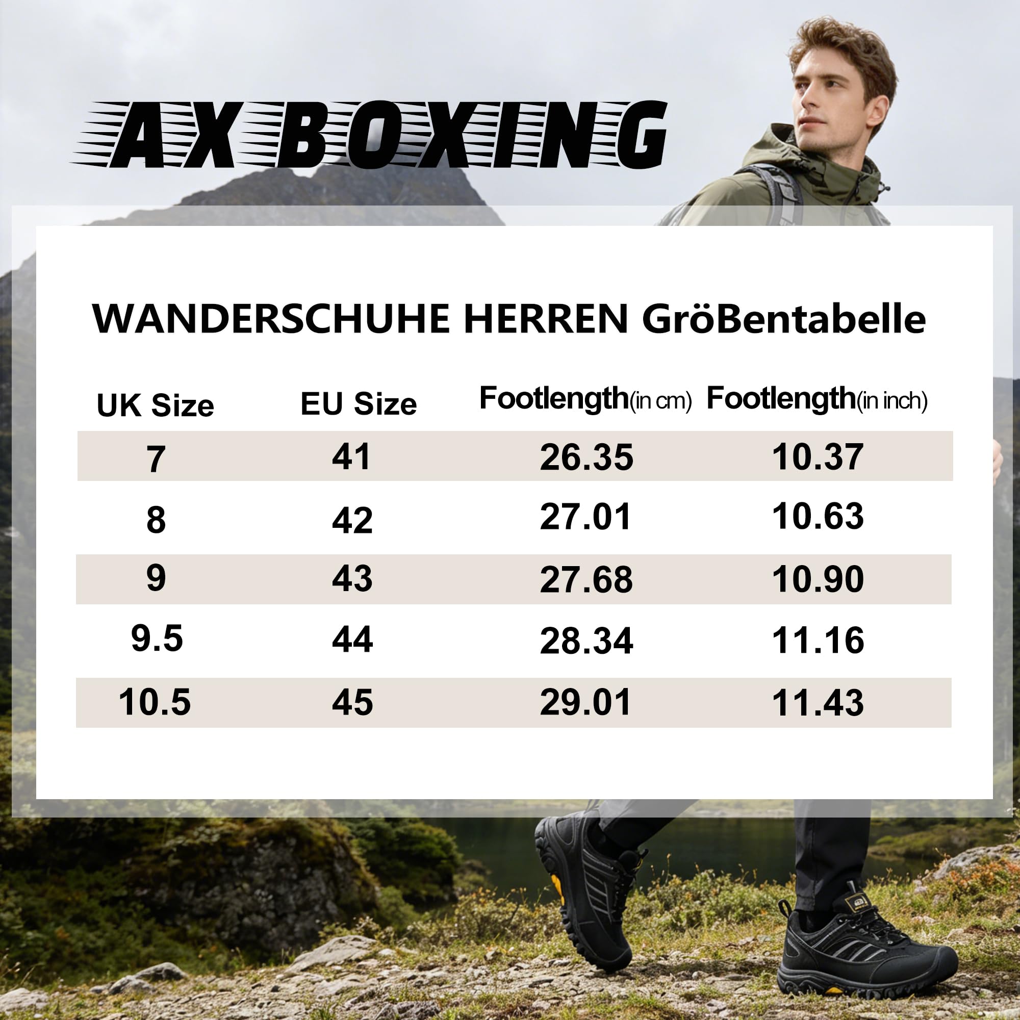 AX BOXING Wanderschuhe Herren Wasserdicht Trekkingschuhe Niedriger Outdoor Schuhe Zehenkappe für Trekking Wandern Camping Braun 43 EU 9