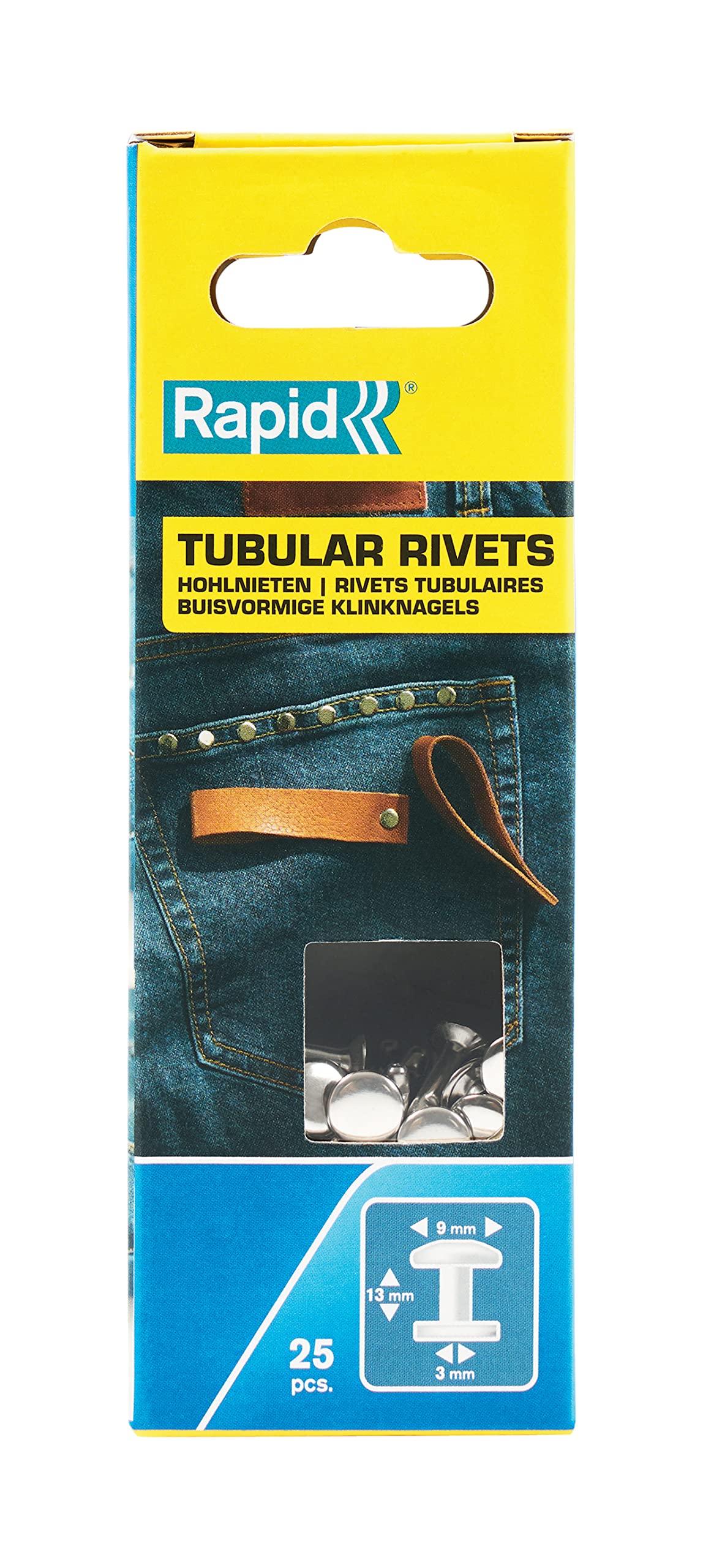 Rapid Tubular Rivets Multi-Purpose, 9 x 3 x 13 mm, 5000416 - 25 Pieces, Blue/ Silver/ Clear