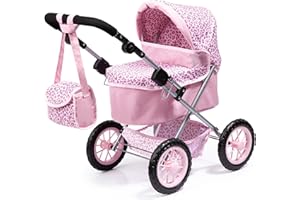 Bayer: Trendy Pram - Pink & Animal Print- Includes Shoulder Bag, Fits Dolls Up to 18", Adjustable Handle, Pretend Play, Shopping Basket