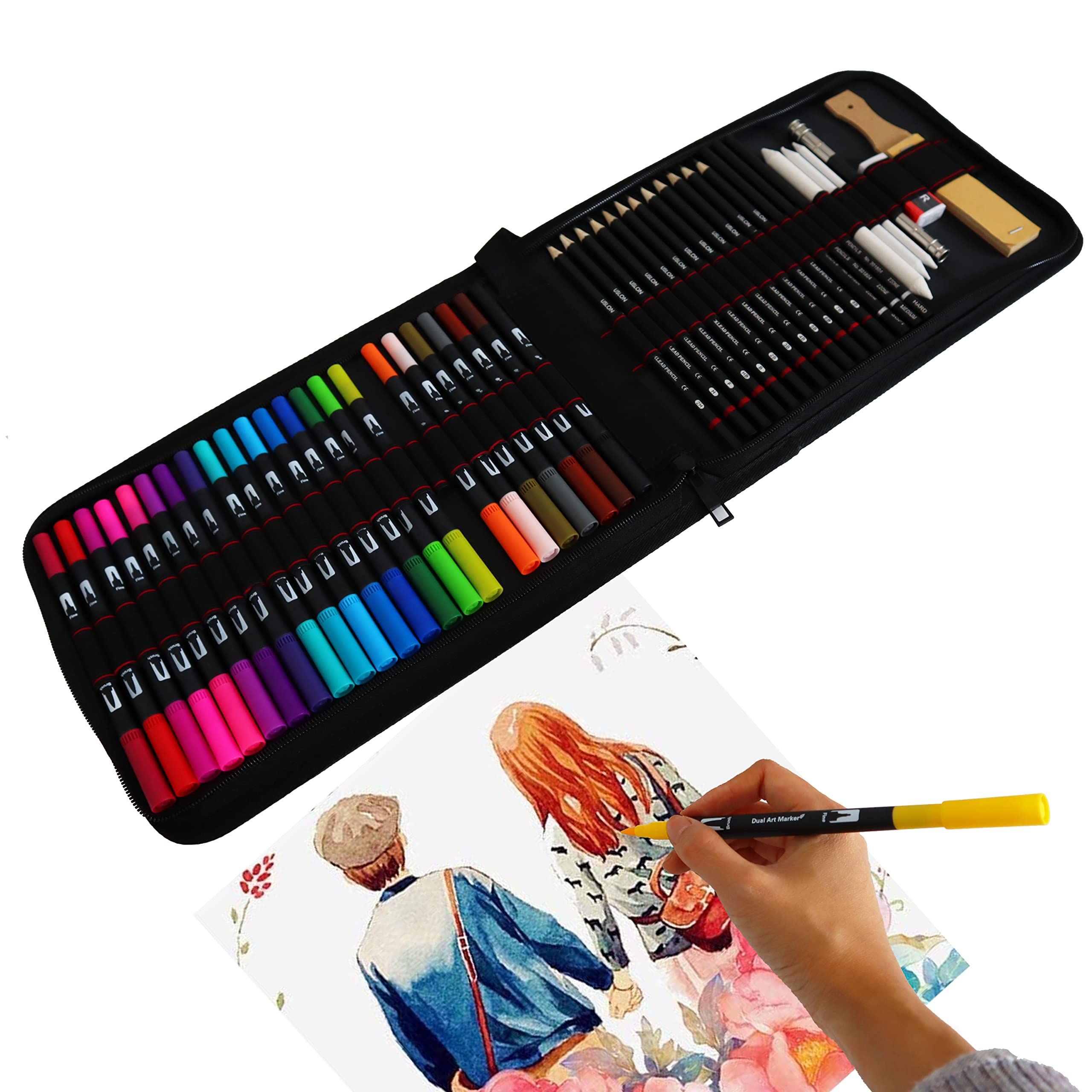 YYZD Dual Tip Brush Pens, Felt Tip Pen Set 24 Colors Colouring Pens+12 Sketching Pencils Fineliners Pen accessories for Children and Adults Colouring,Art Markers, Painting,Sketching Design